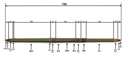 Os zadnej nápravy pre ATV 110-125 matica z jednej strany 740mm
